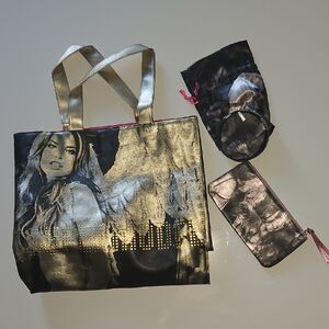 Victoria's Secret Vintage Gold and Black Tote and 2 Pouches